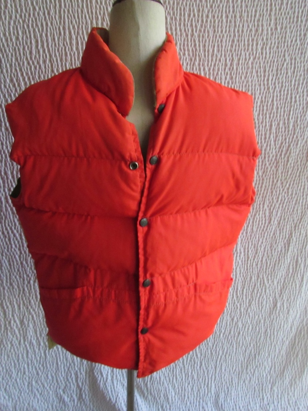 Puffer Down Vest Jacket Mens SZ L Neon Orange Khaki Reversible Snaps Vtg Hunting